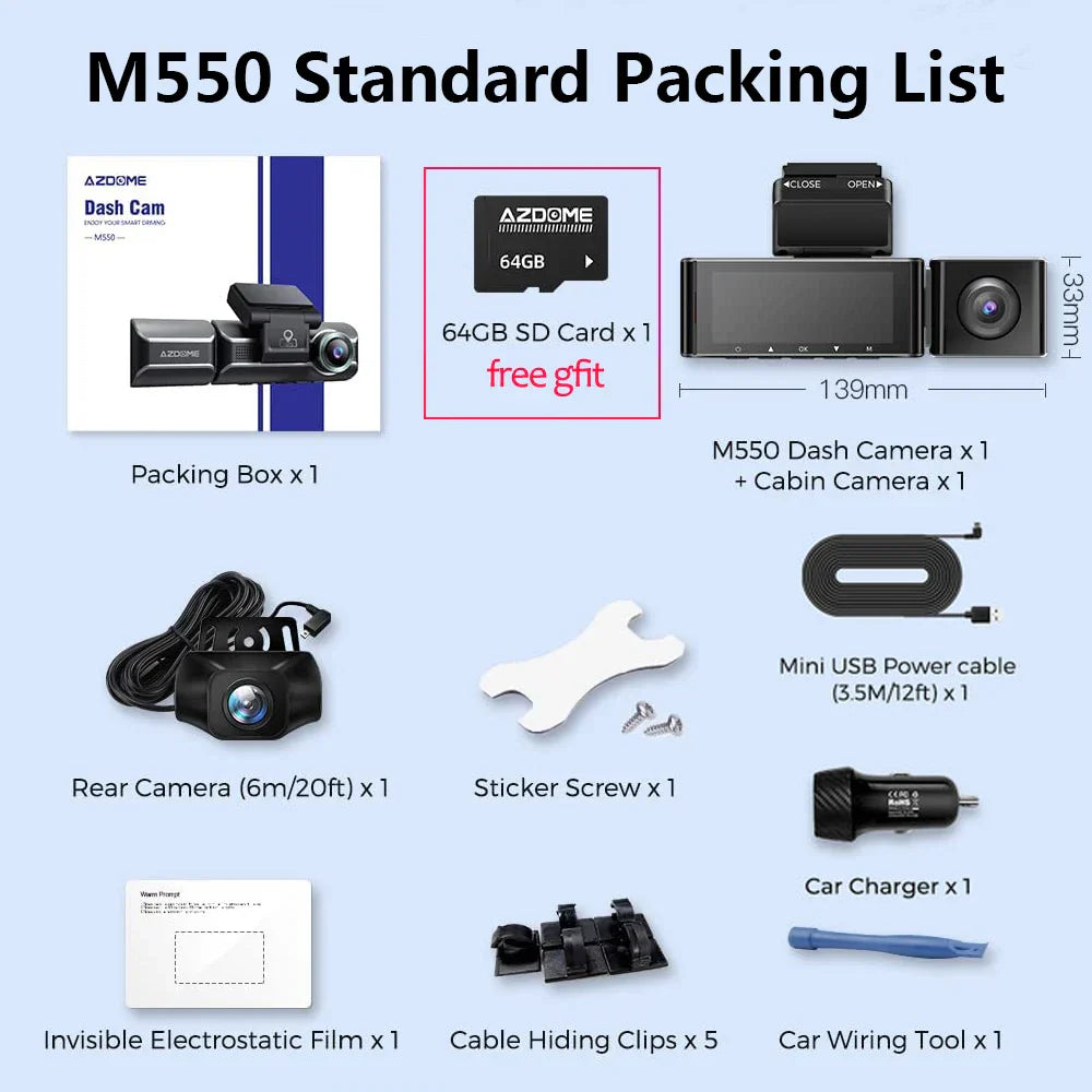AZDOME M550 3 Channel Dash Cam Front Inside