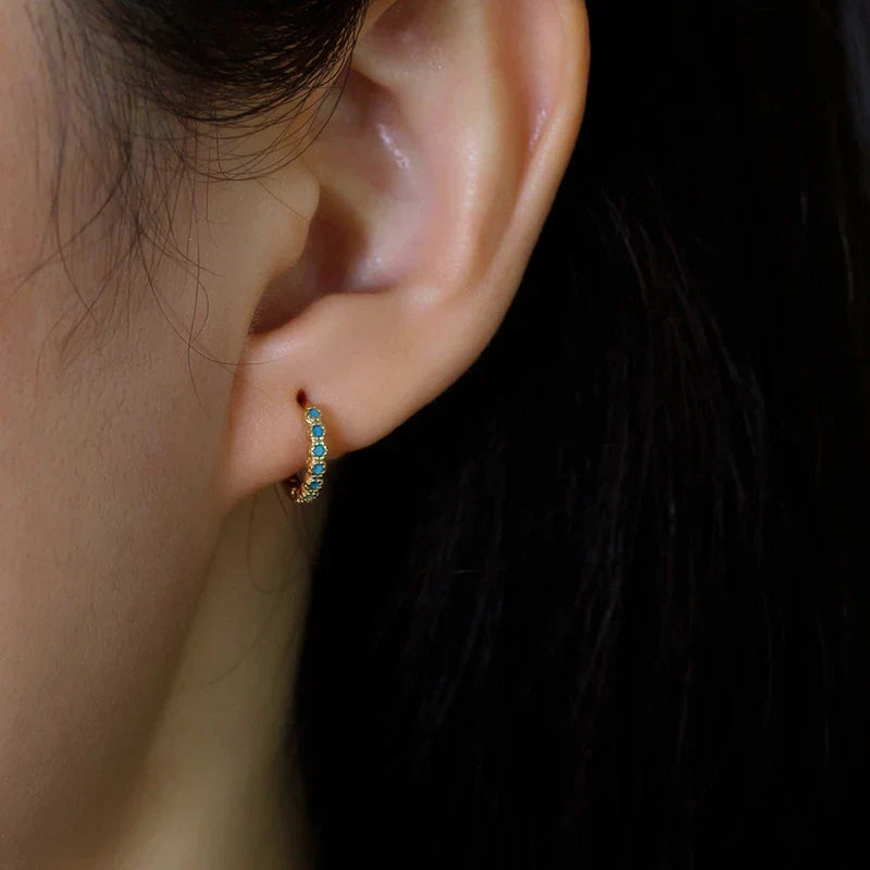 WANTME 925 Sterling Silver Bohemian Pavé Turquoise Piercing Ear Clasp for Women Fashion Statement Huggies Hoop Earrings Jewelry