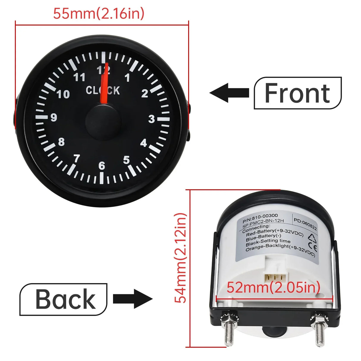 52mm Waterproof 12H Clock Gauge for Car/Boat 12V/24V