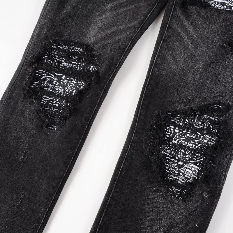 Men Bandanna Paisley Print Patch Jeans Streetweat Patchwork