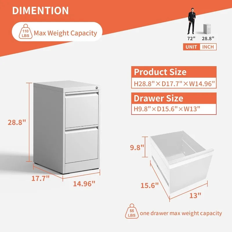 IKIMI 2 Drawer File Cabinet,White Metal Filing Cabinets