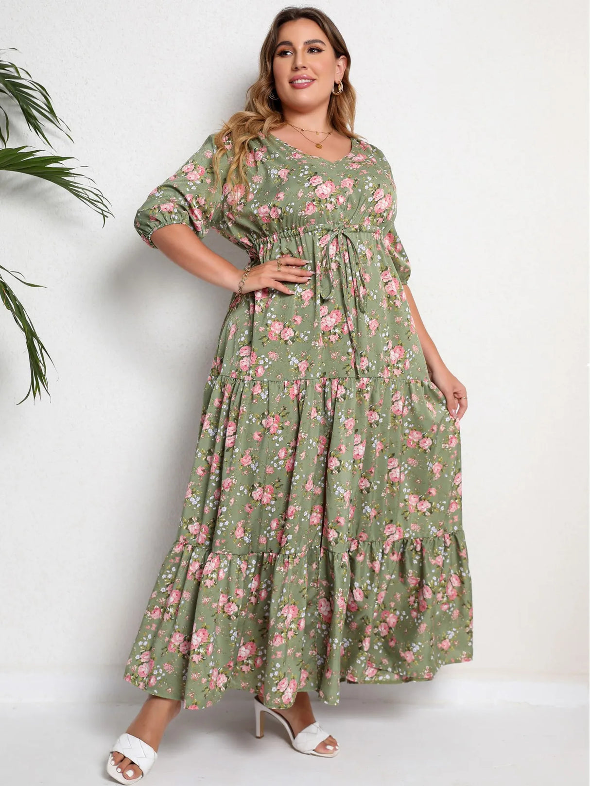 Plus Size Floral Print Half Sleeve Split Hem