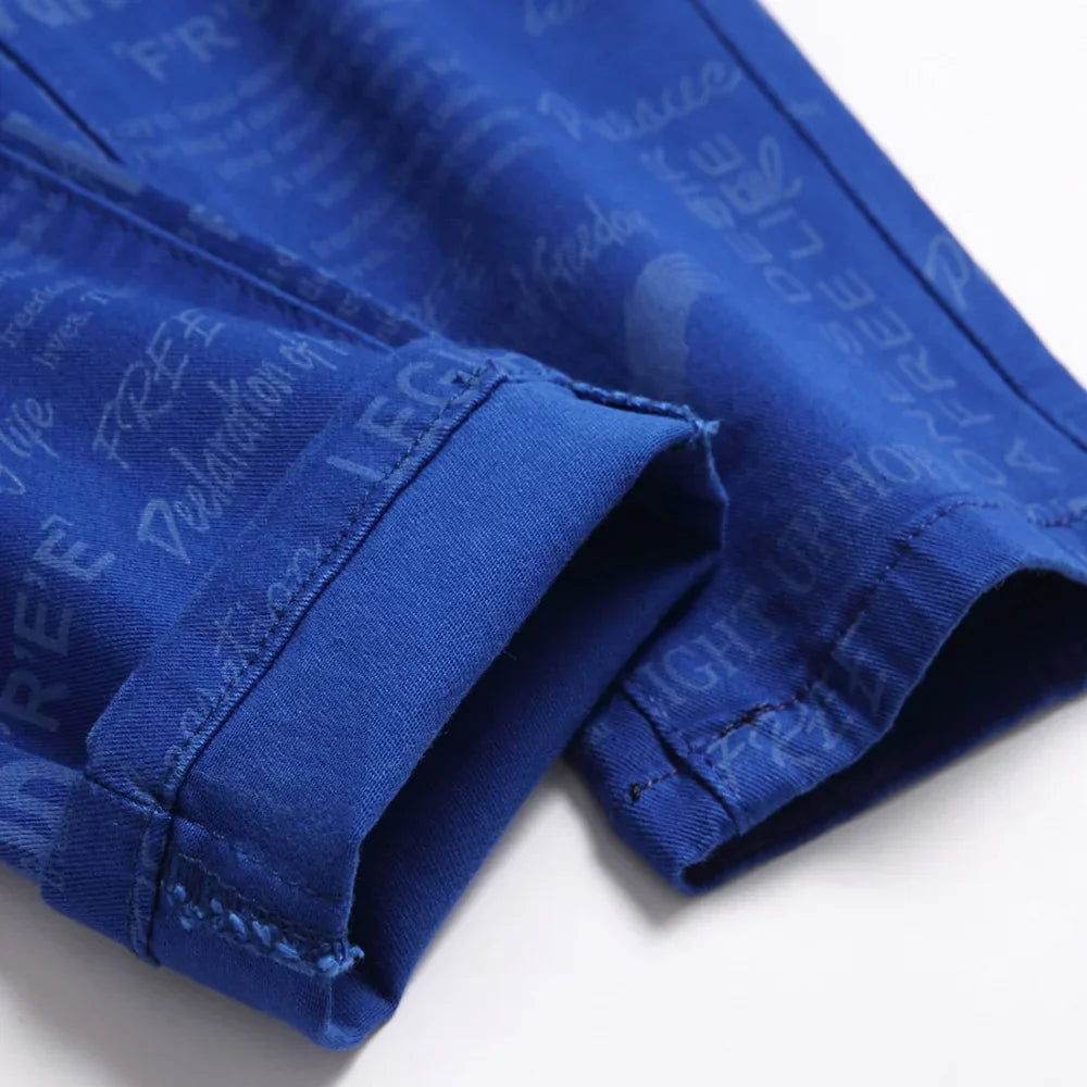 Rock punk style design Men Blue Printed Jeans