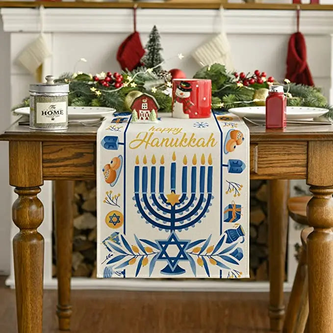 Happy Hanukkah Menorah Table Runner, Seasonal Chanukah Kitchen