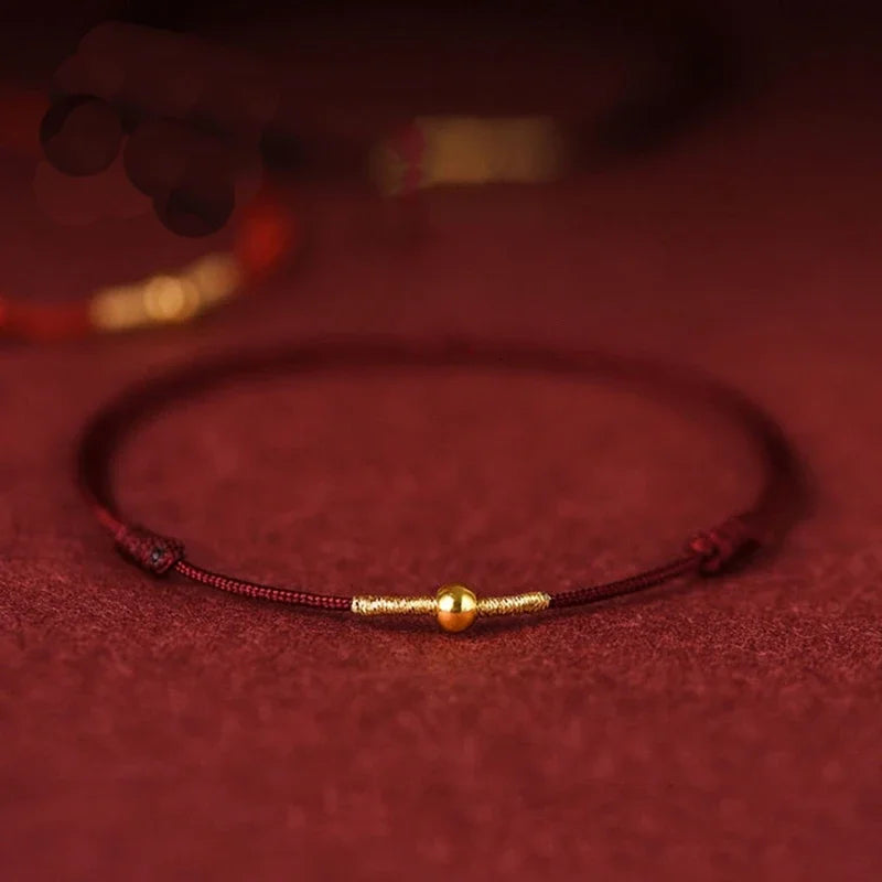 Small Gold Color Titanium Beads Red Thread Woven