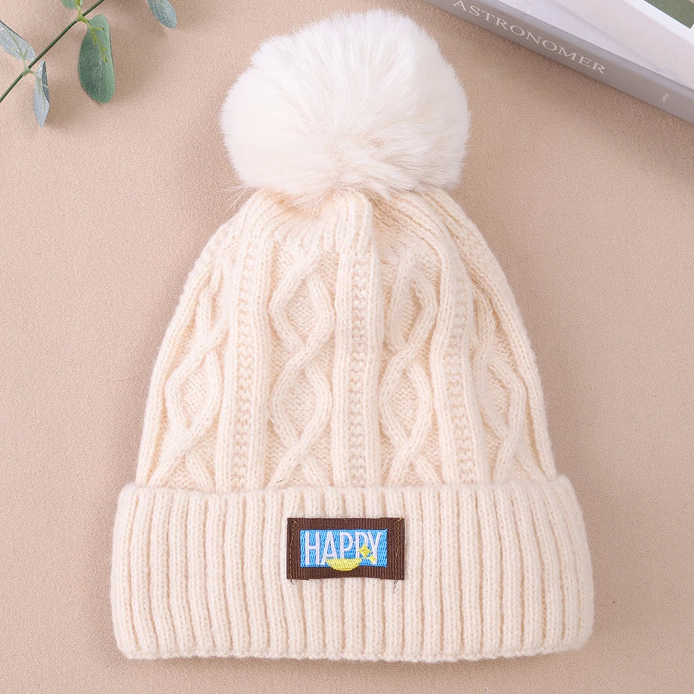 Winter Fur Pom Knitted Beanies Hat Female Plush