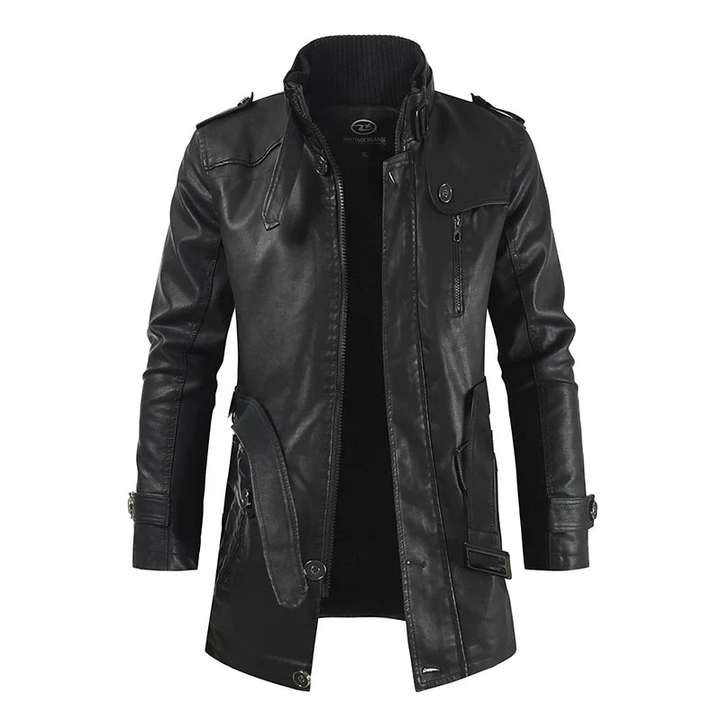 Winter Men's Thick Fleece Leather Jacket Coat Long