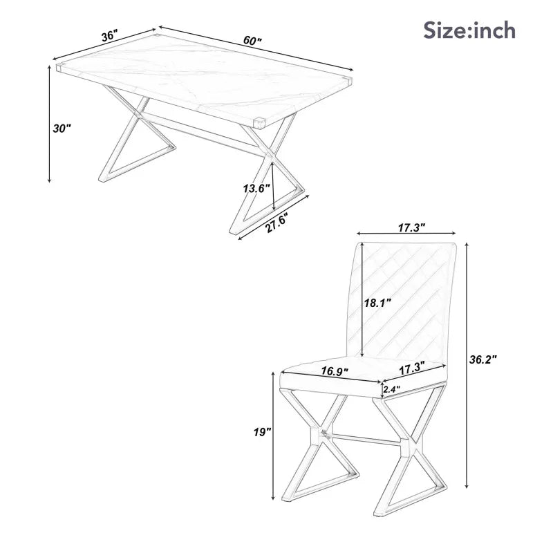 White 7-Piece Modern Dining Table Set, Rectangular Marble