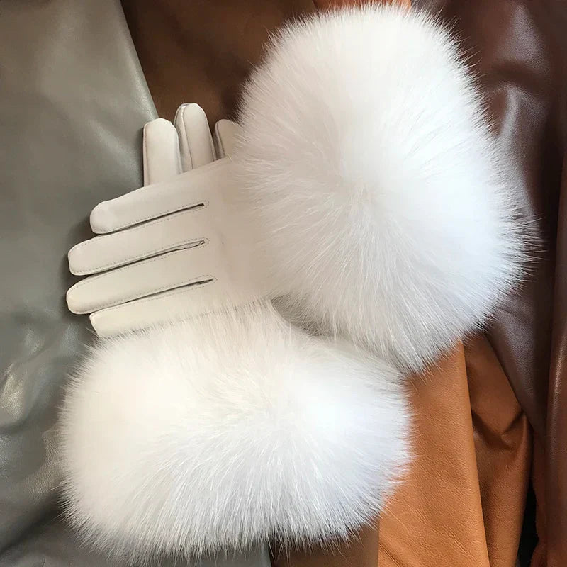 Real Sheepskin Fox Fur Gloves Women's Genuine Leather