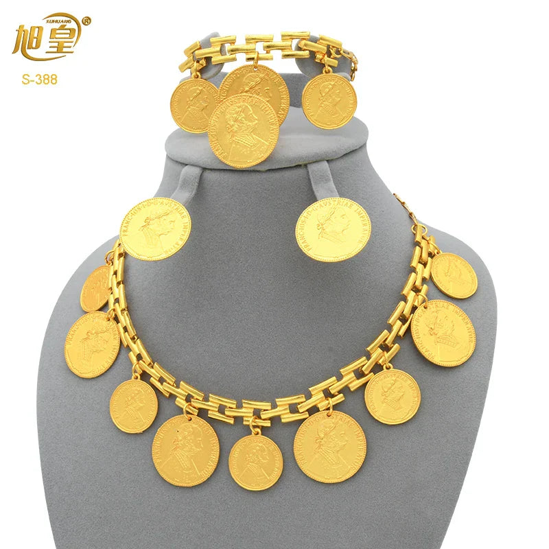 African 24K Gold Color Coins Necklace Bracelet Sets