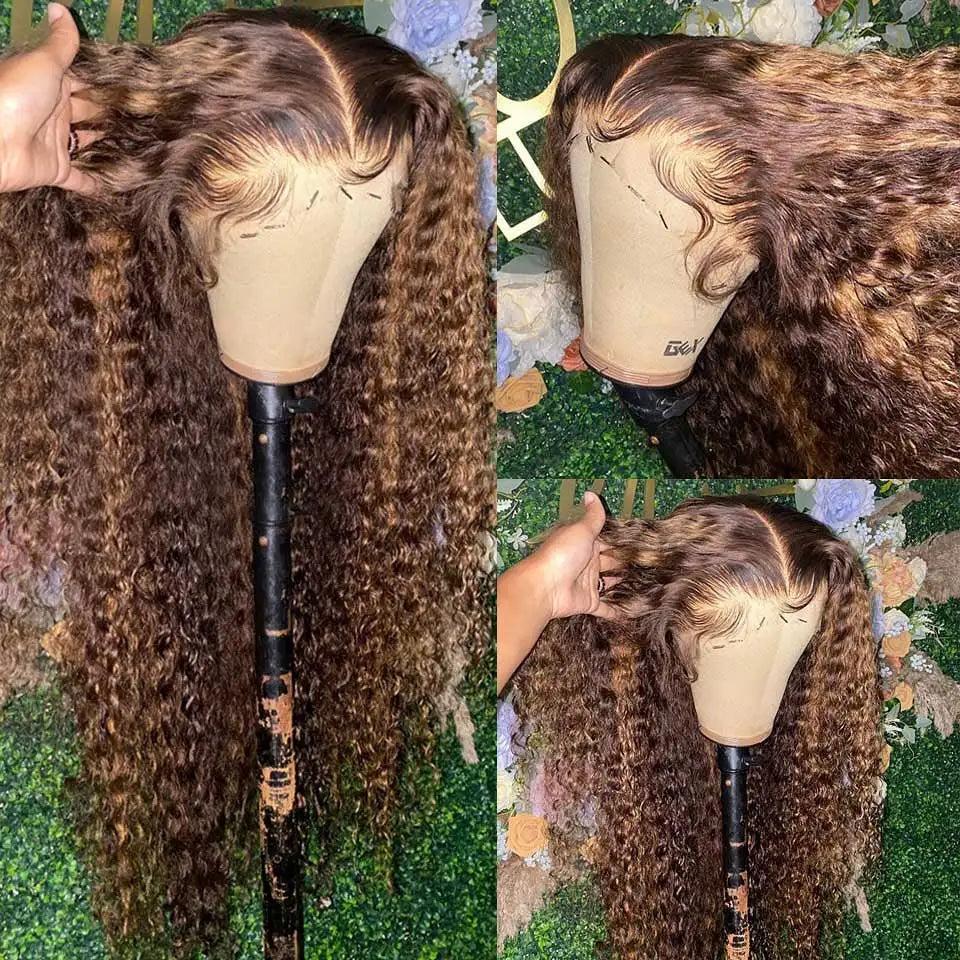 30 Inch Highlight Honey Brown Curly Lace Front