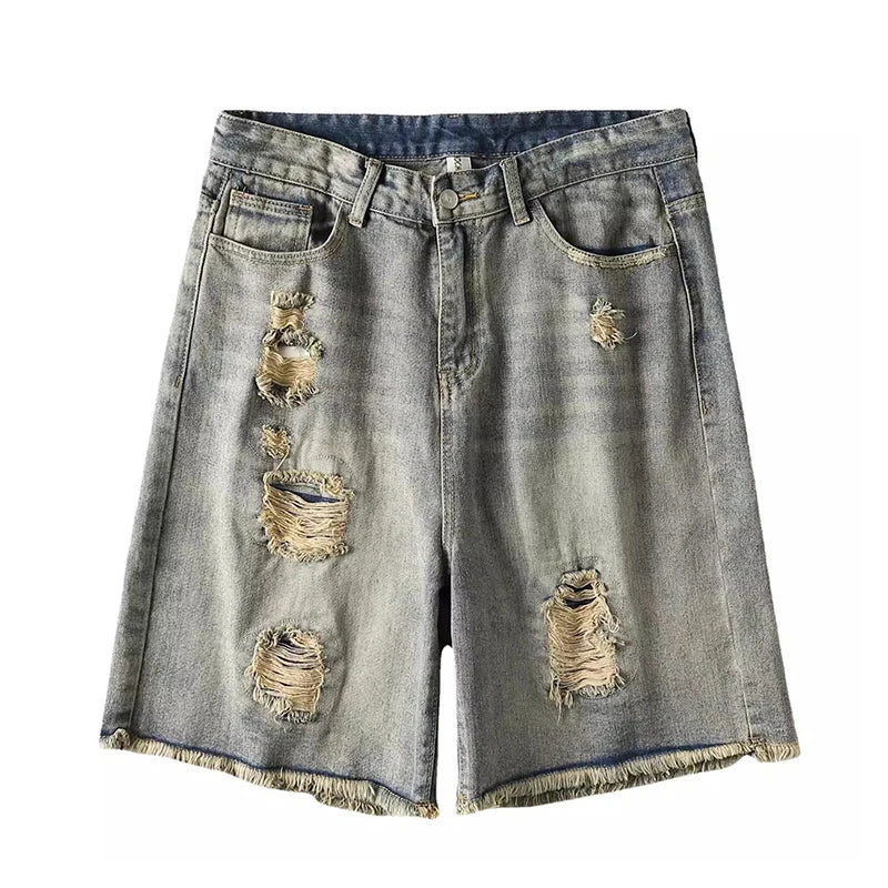 ReddaChic Vintage Wash Destroyed Denim Shorts Men Brushed