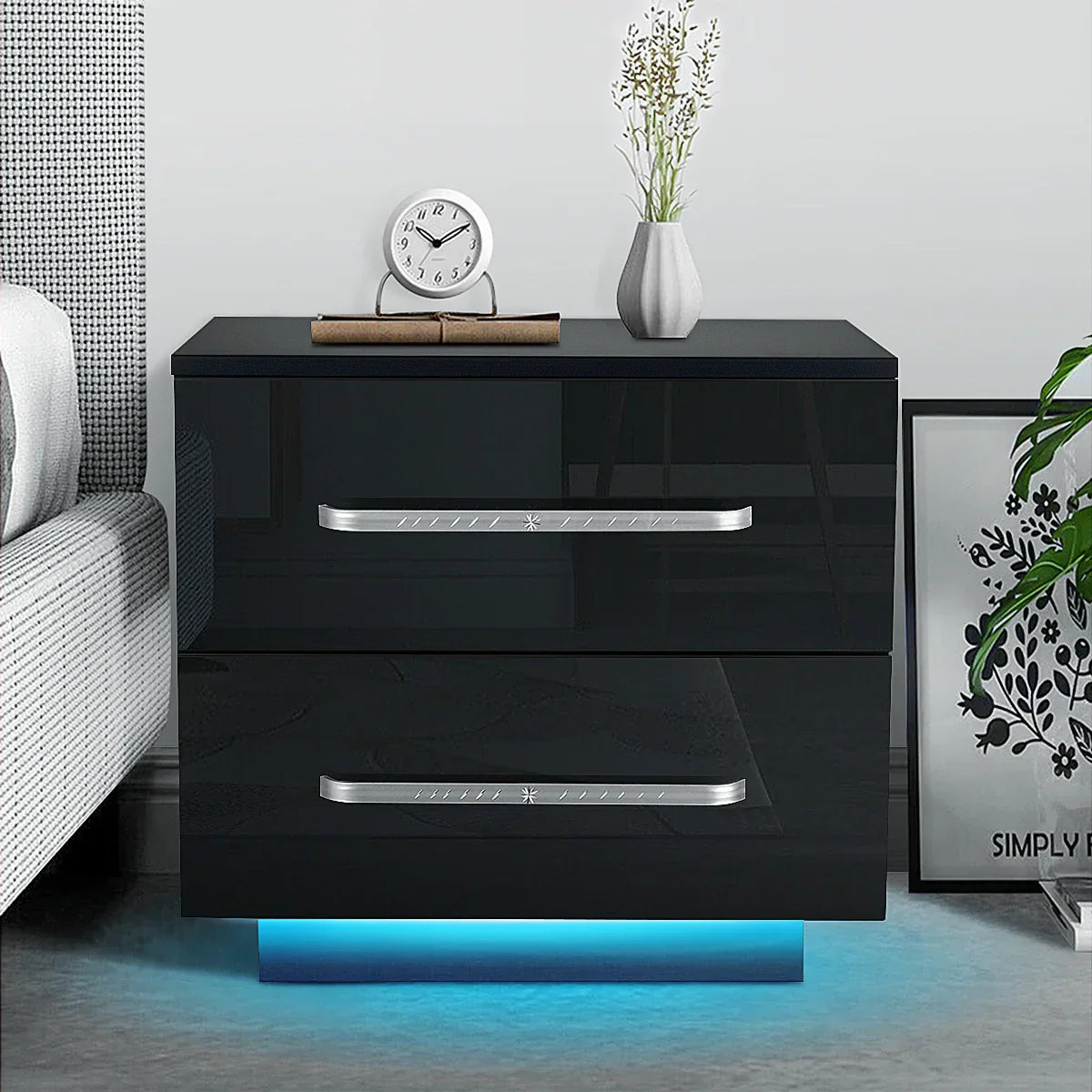 Modern Luxury LED Light Nightstand w/2 Drawers Organizer