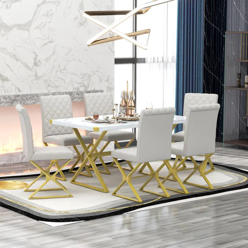 White 7-Piece Modern Dining Table Set, Rectangular Marble