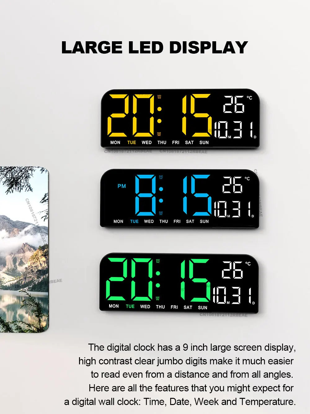 9.0inch Large Digital Wall Clock Temperature and Date