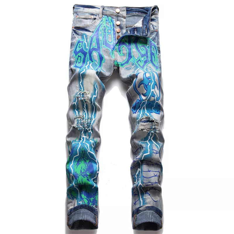 Men Print Jeans Streetwear Letters Lightning Painted Stretch