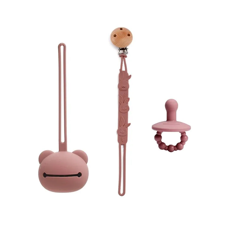 Baby Silicone Pacifier Holder Set BPA Free Food Grade Silicone Infant Travel Portable Storage Box Silicone Chain Nipple Set