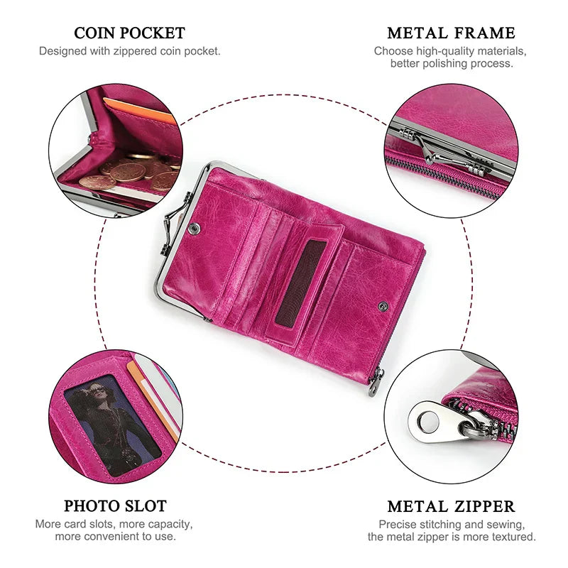 Contact'S Metal Frame Wallet Ladies Purse Women Cowhide Vintage Hasp and Zipper Red Small Purses for Woman ID Cards And Coin