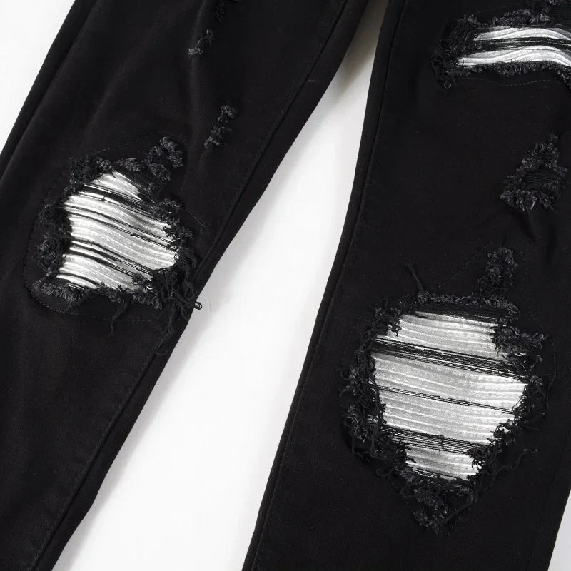 Men Cracked Silver Leather Patch Biker Jeans Streetwear