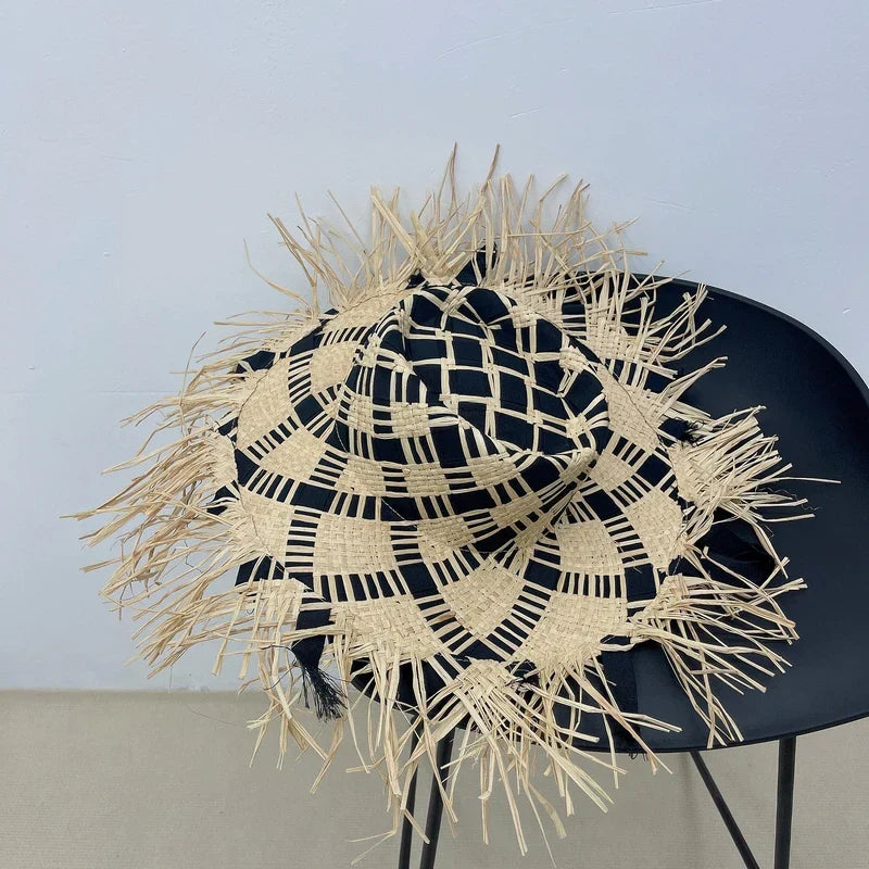 2024 Handmade Big Brim Hat Oversized Tassel Burrs