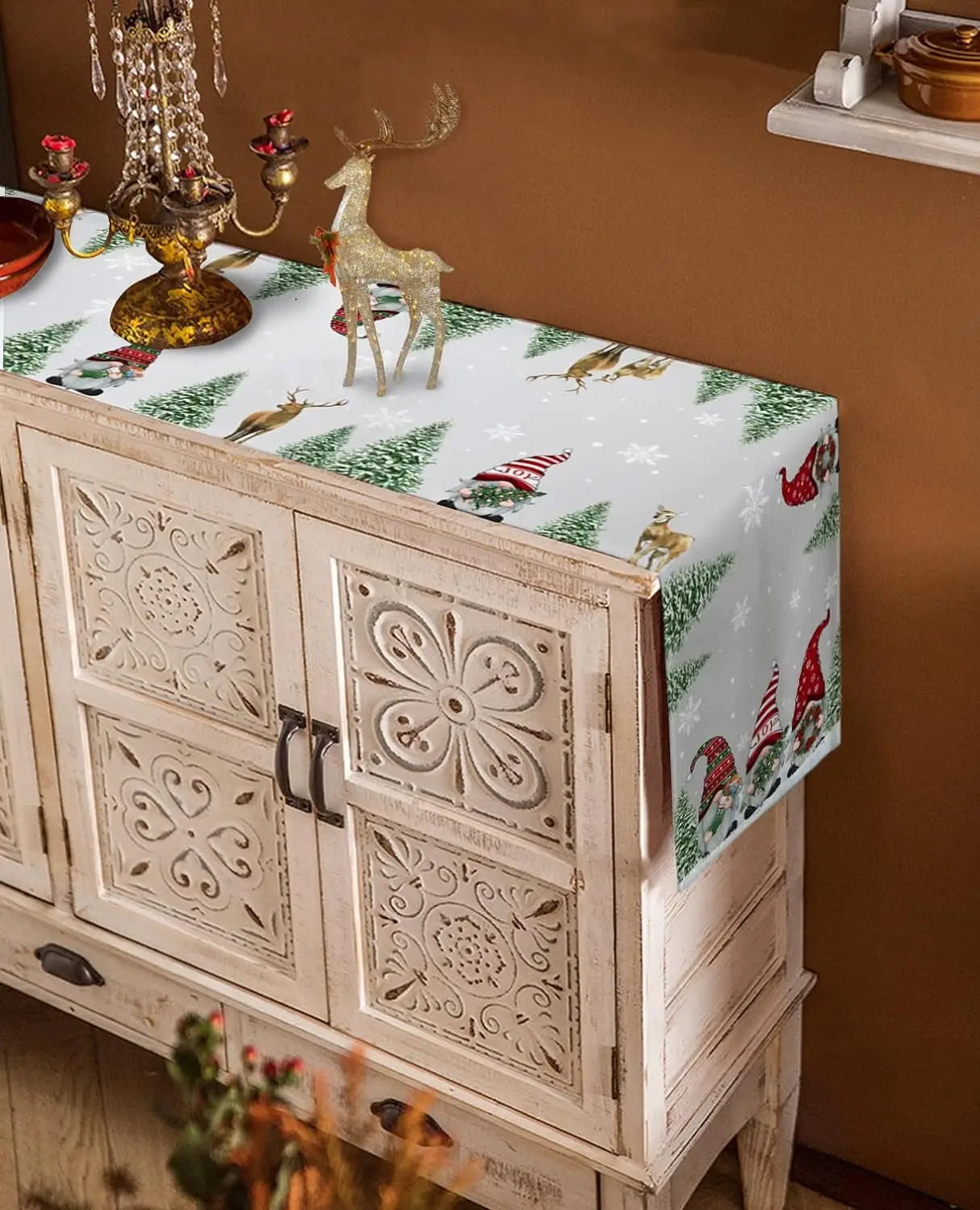 Christmas Snow Tree Gnomes Linen Table Runners Dresser