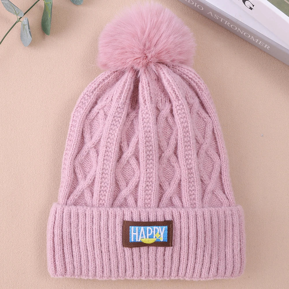 Winter Fur Pom Knitted Beanies Hat Female Plush