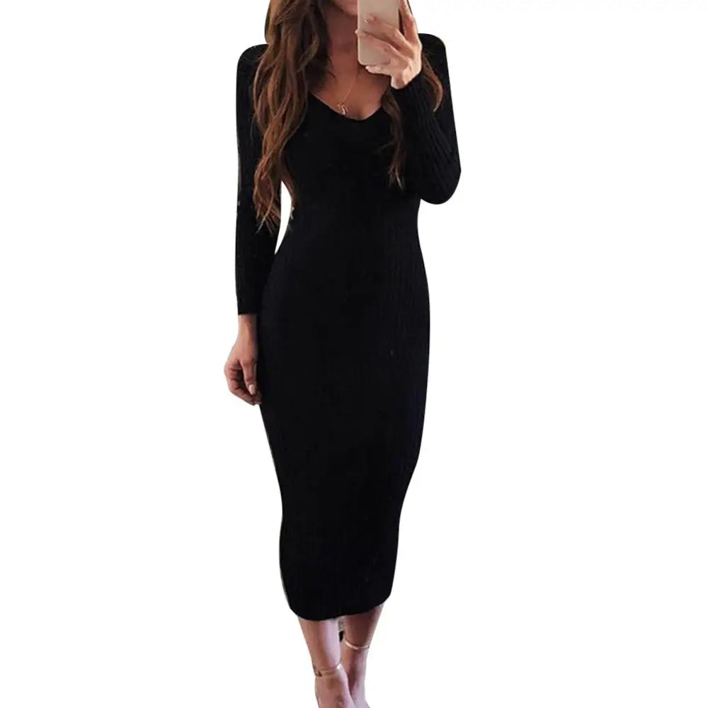 Sexy Backless Bodycon Long Sleeve Dress Slim Midi