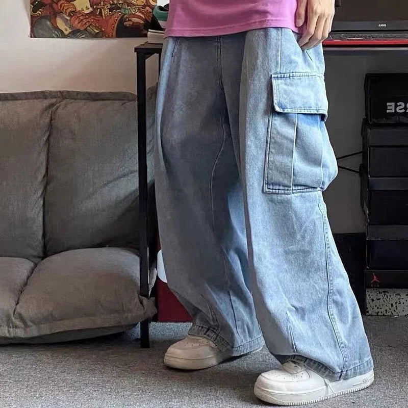HOUZHOU Baggy Jeans Trousers Male Denim Pants Black