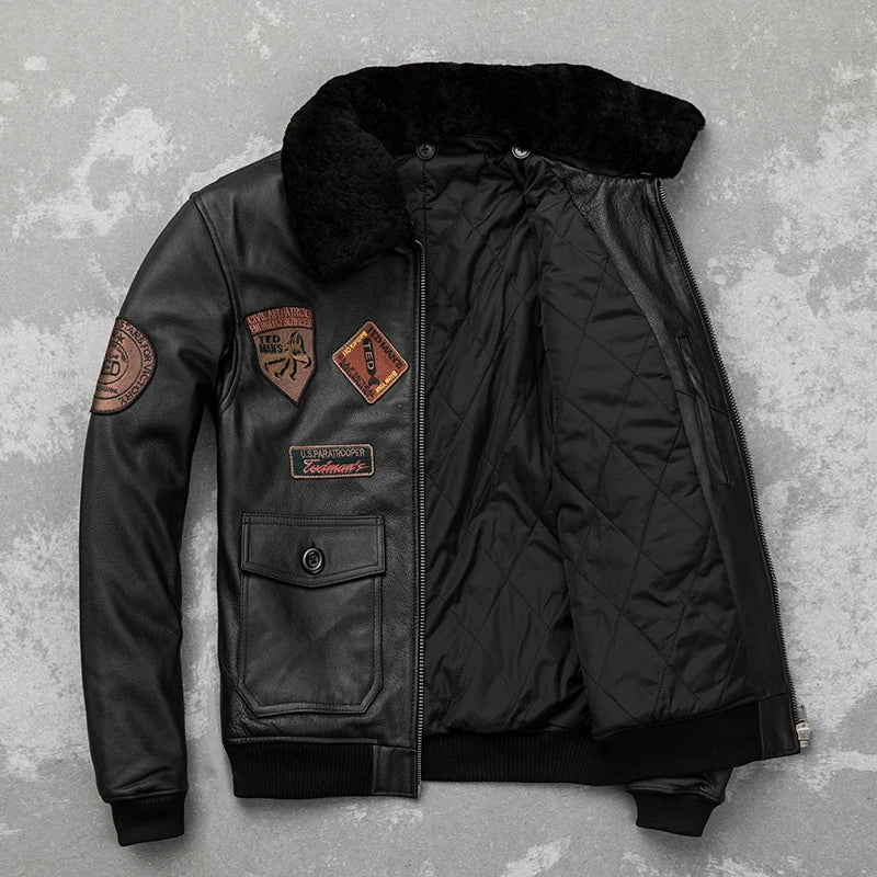 Detachable Natural Fur Collar Genuine Cowhide Men Leather