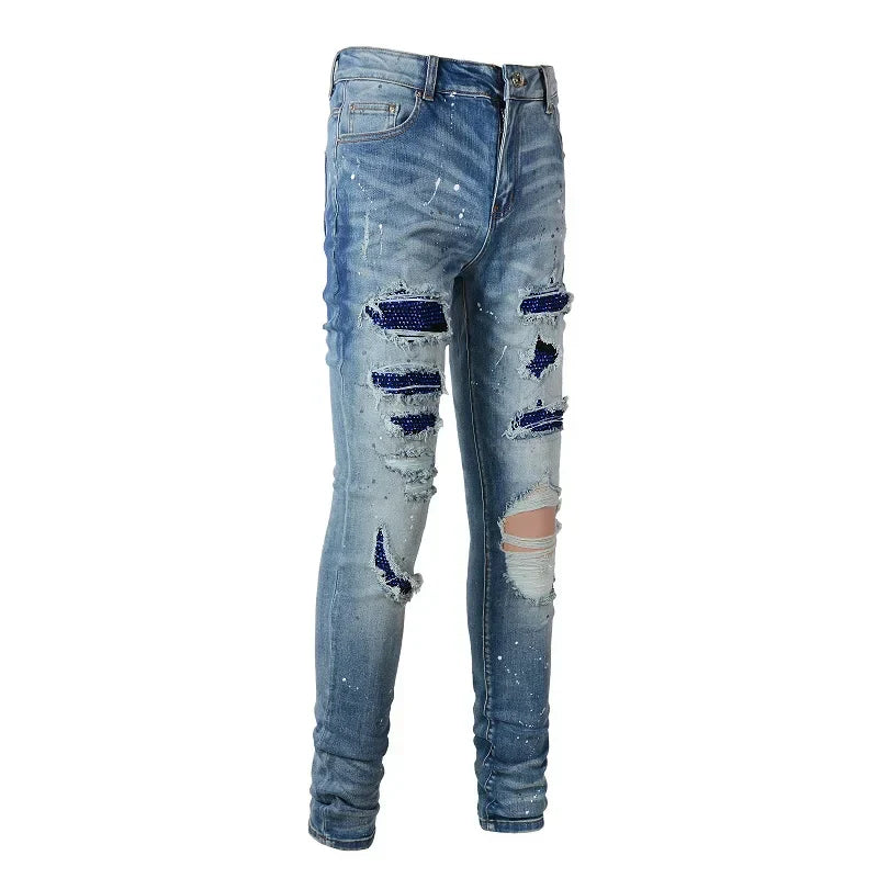 Men Crystal Stretch Denim Jeans Streetwear Painted Patch