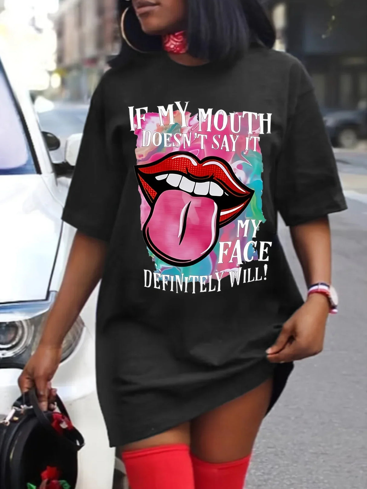 Plus Size Lips Print Mini Tee Dress, Short