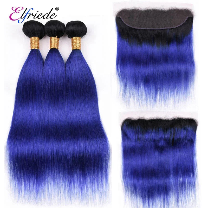 Elfriede 1BBlue Straight Ombre Colored Hair Bundles with