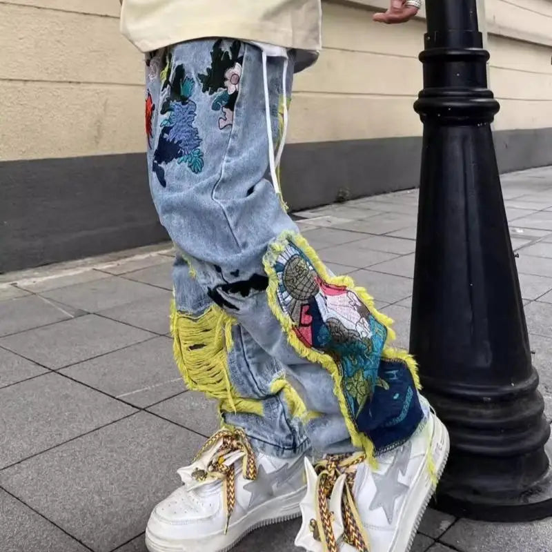 Washed Destroyed Pleated Chinese Painting Embroidered Patch Denim