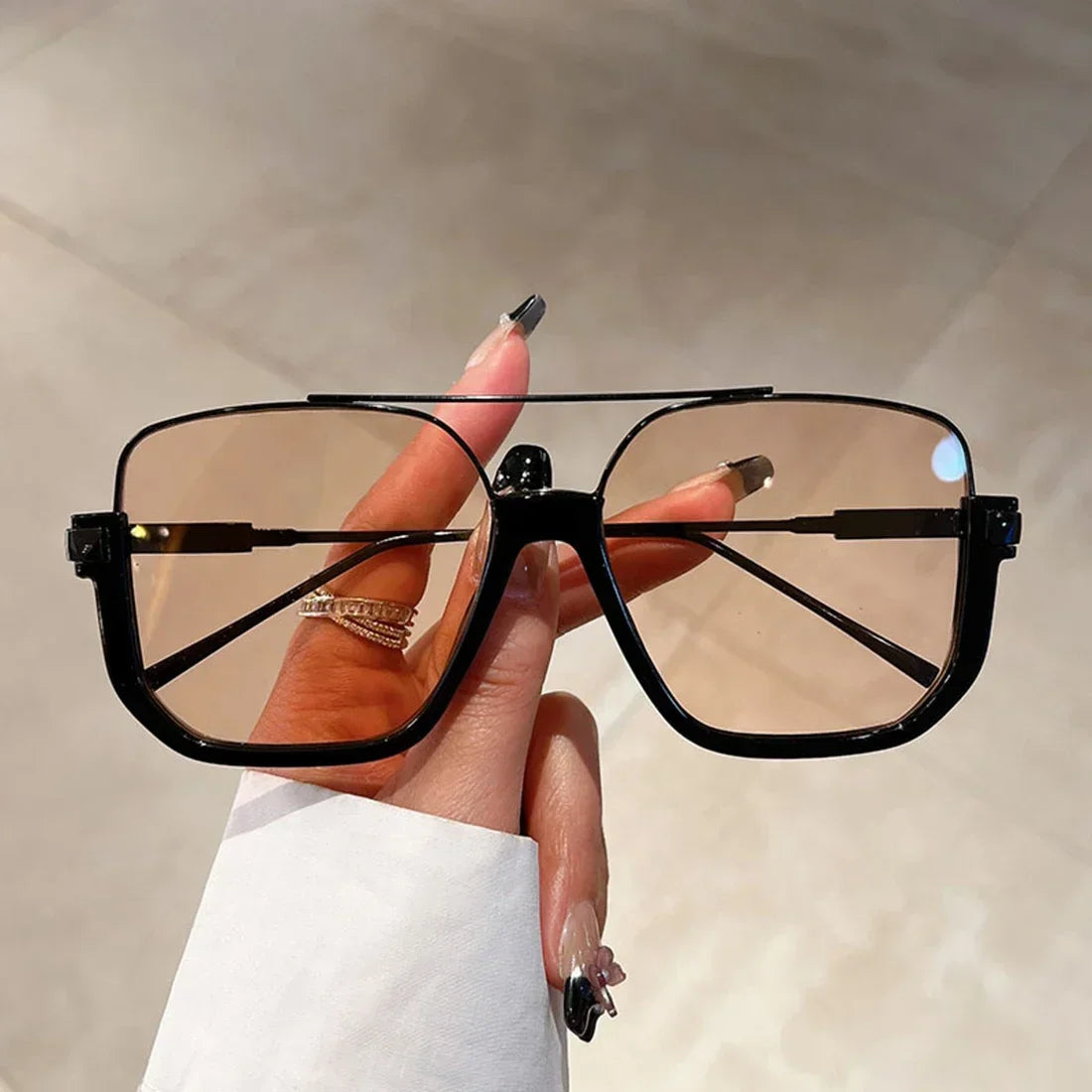 Fashion Vintage Big Square Sunglasses Half Metal Frame