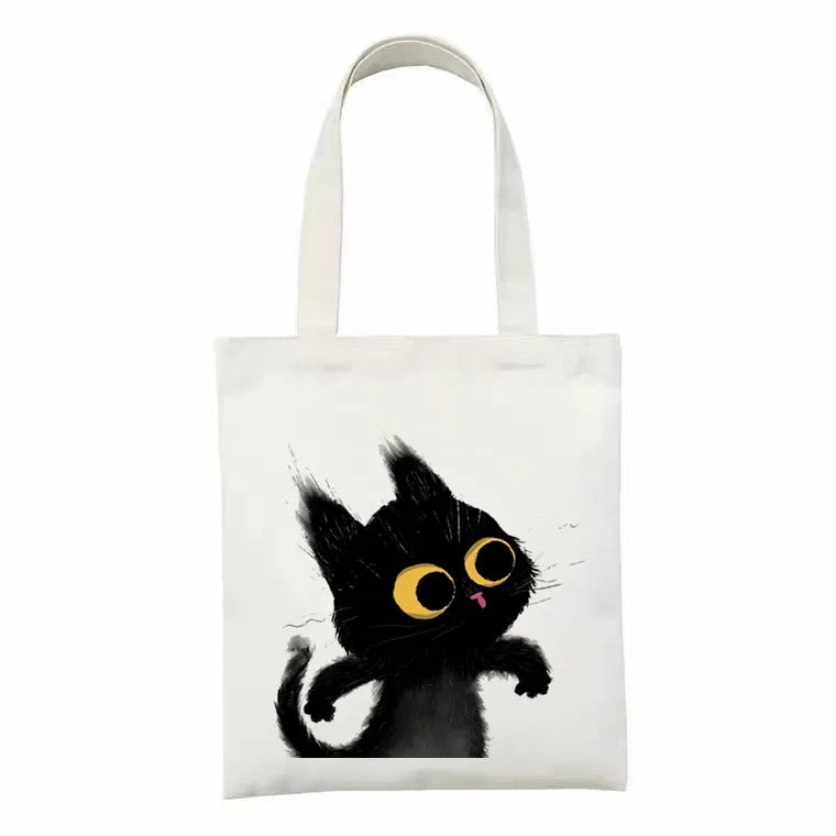 Women Canvas Bag Funny Black Cat Print Female Reuseable Shopping Totebags Girls Students School Bookbags