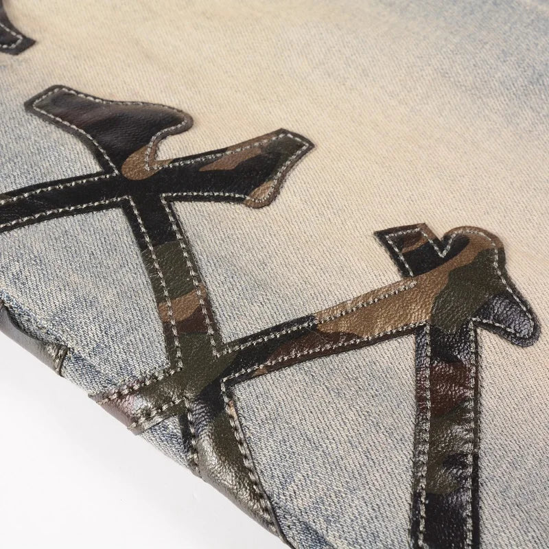 Men's Camouflage Leather Bones Patches Jeans Vintage Blue