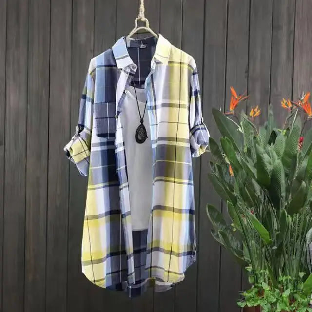 Plus Size Cotton Mid Length Plaid Print Women