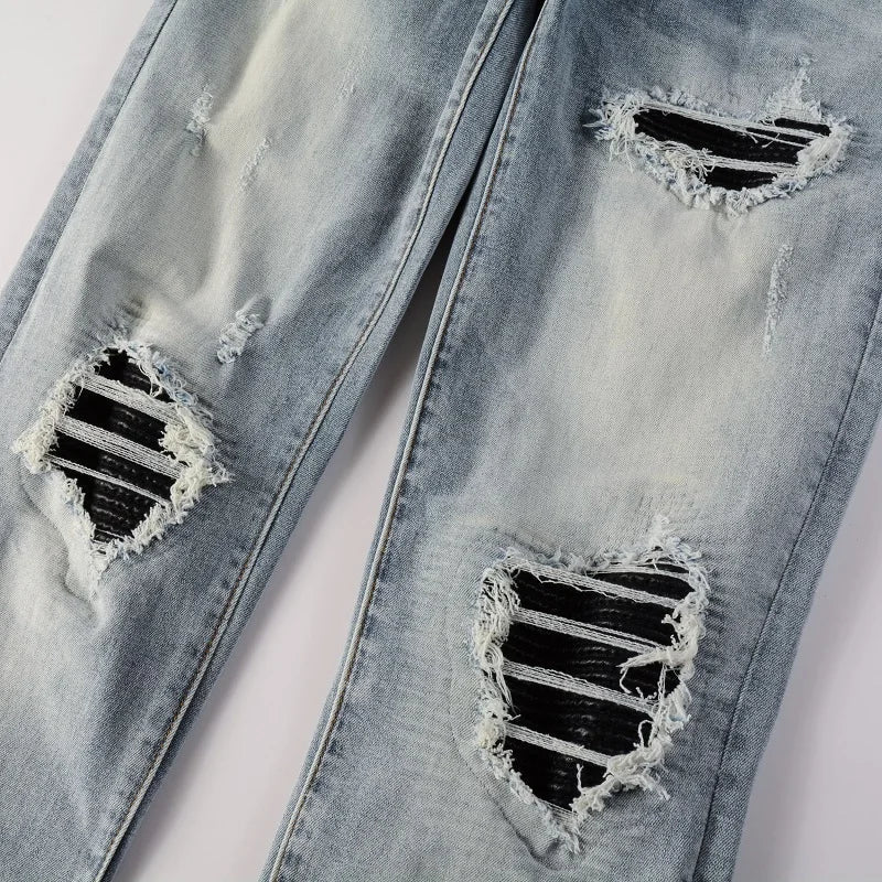 Men Leather Patches Denim Jeans Streetwear Holes Ripped