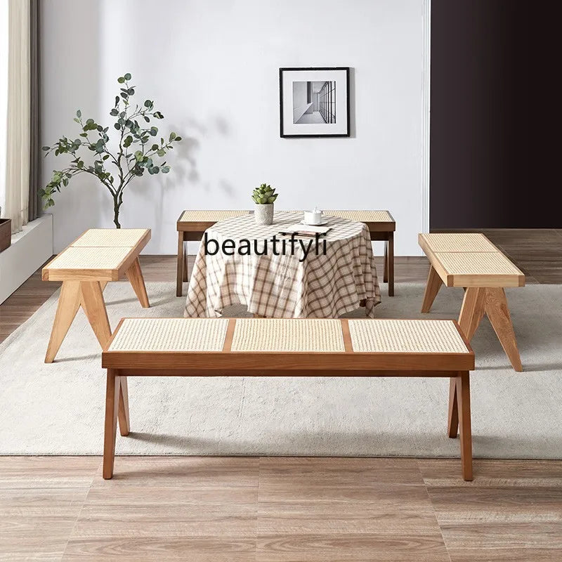 Solid Wood Rattan Home Shoe Changing Stool Modern