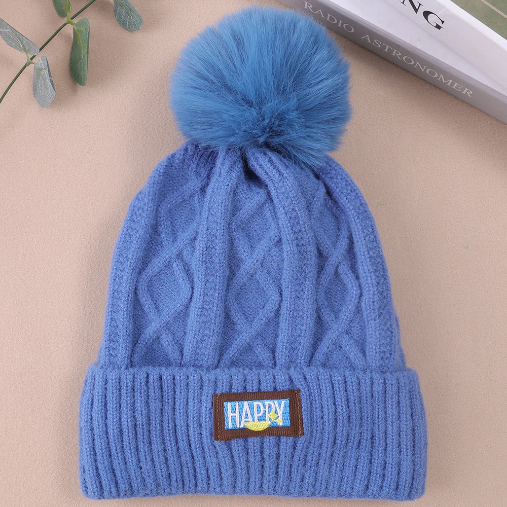 Winter Fur Pom Knitted Beanies Hat Female Plush