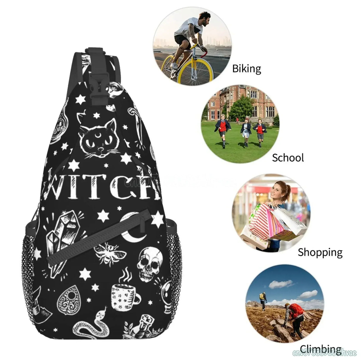 Gothic Skull Cat Moon Pattern Sling Bag Women