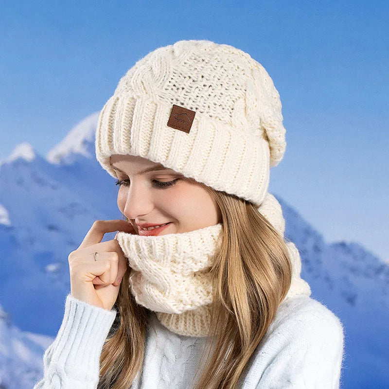 Women Fashion Winter Knitted Hat Scarf Set Fleece
