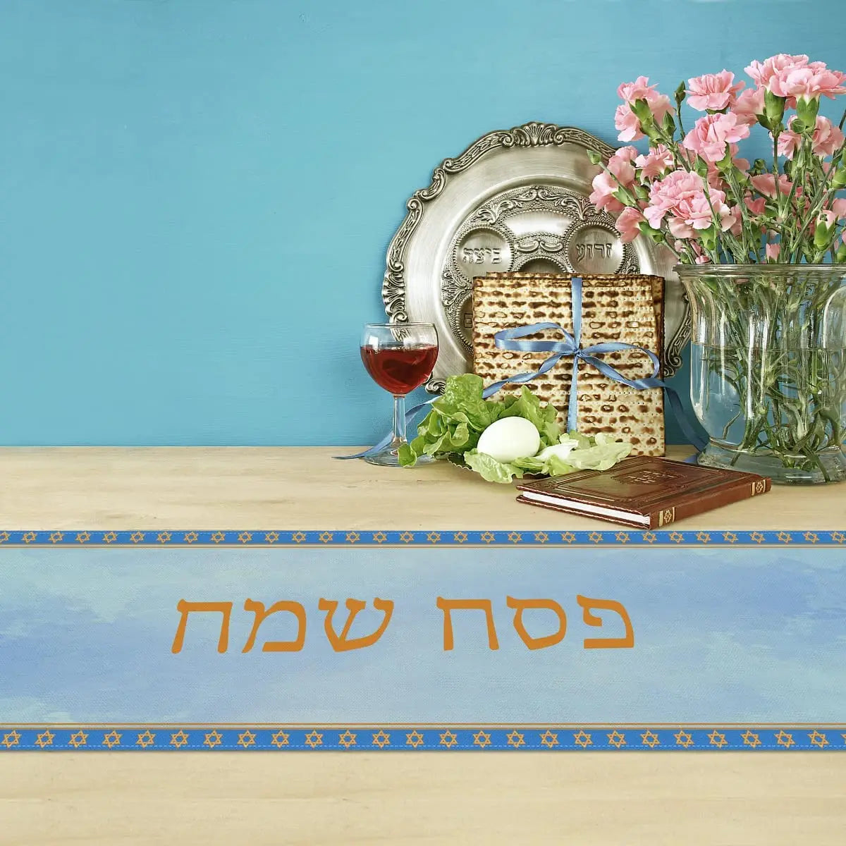 Passover Linen Table Runner Pesach Seder Matzoh Red