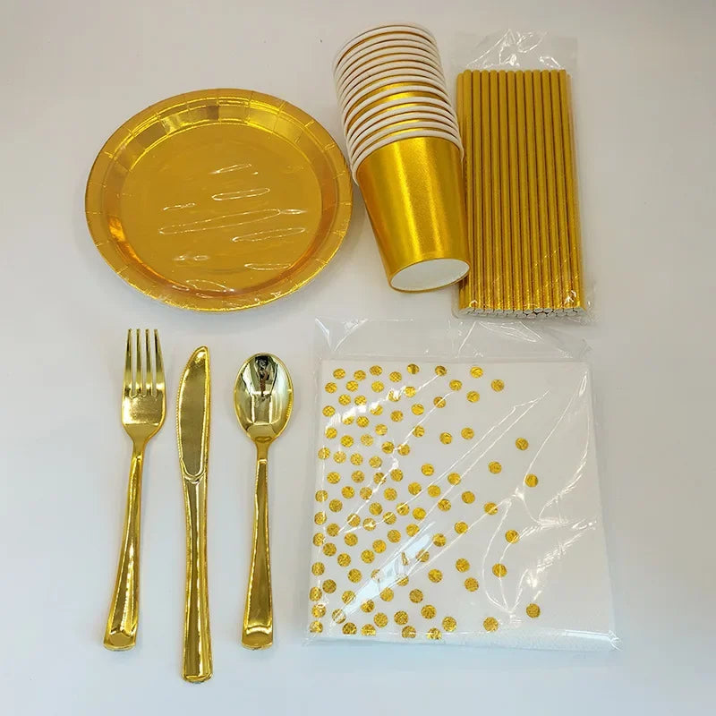 Disposable Cutlery Kraft Paper Plates Golden Cup Tableware