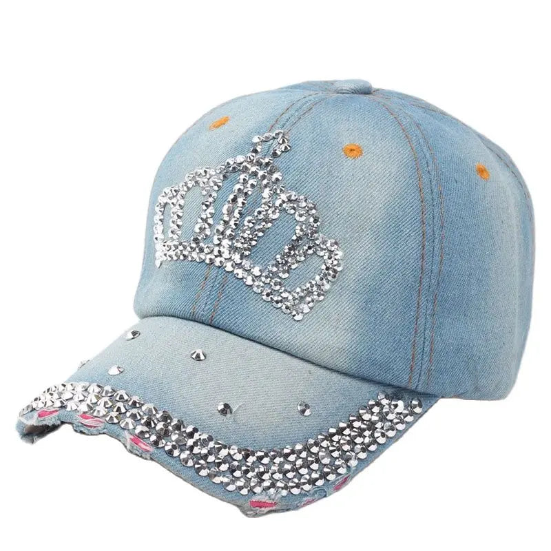 Women Bling Tiara Distressed Denim Baseball Cap Rhinestones