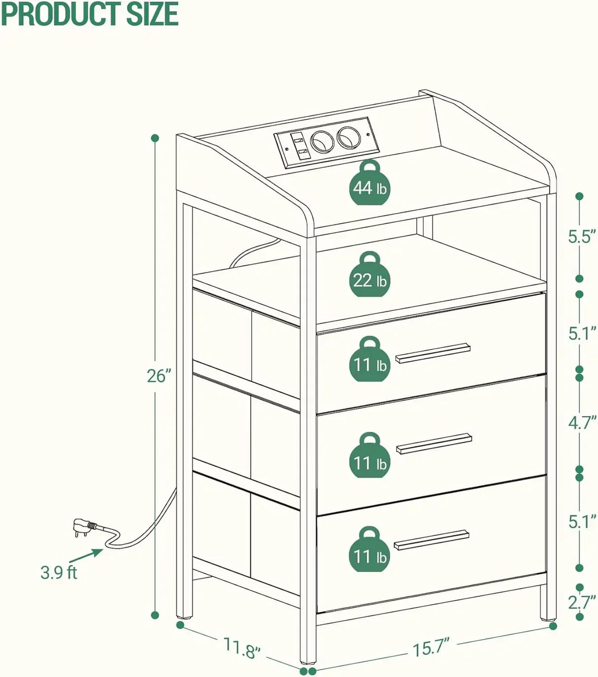 Nightstands with LED Lights Charging Station, End Table