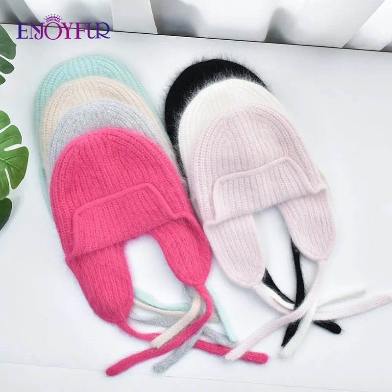 ENJOYFUR Women Winter Angora Earflaps Hat Warm Fluffy