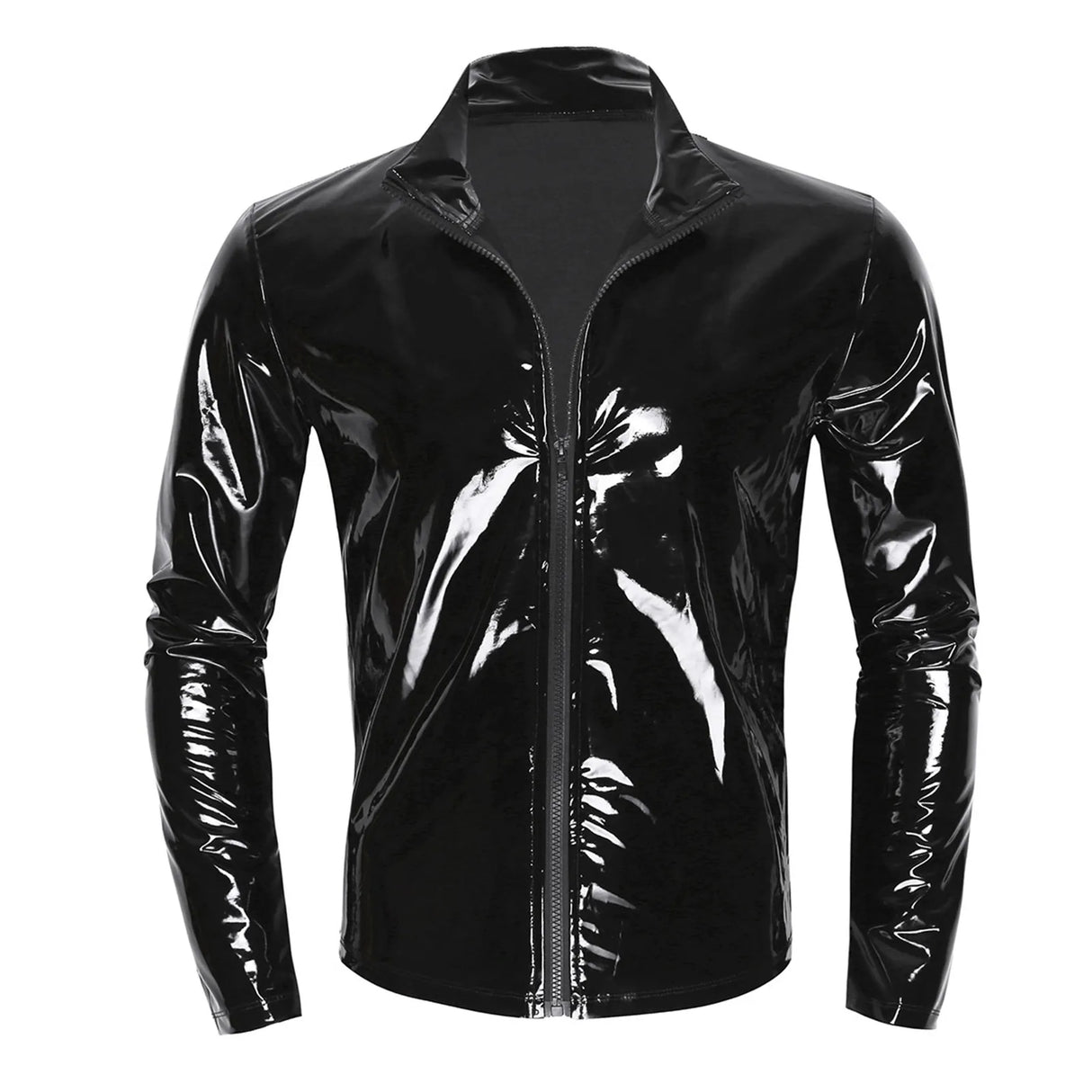 Men Wet Look Patent Leather Coat Long Sleeve