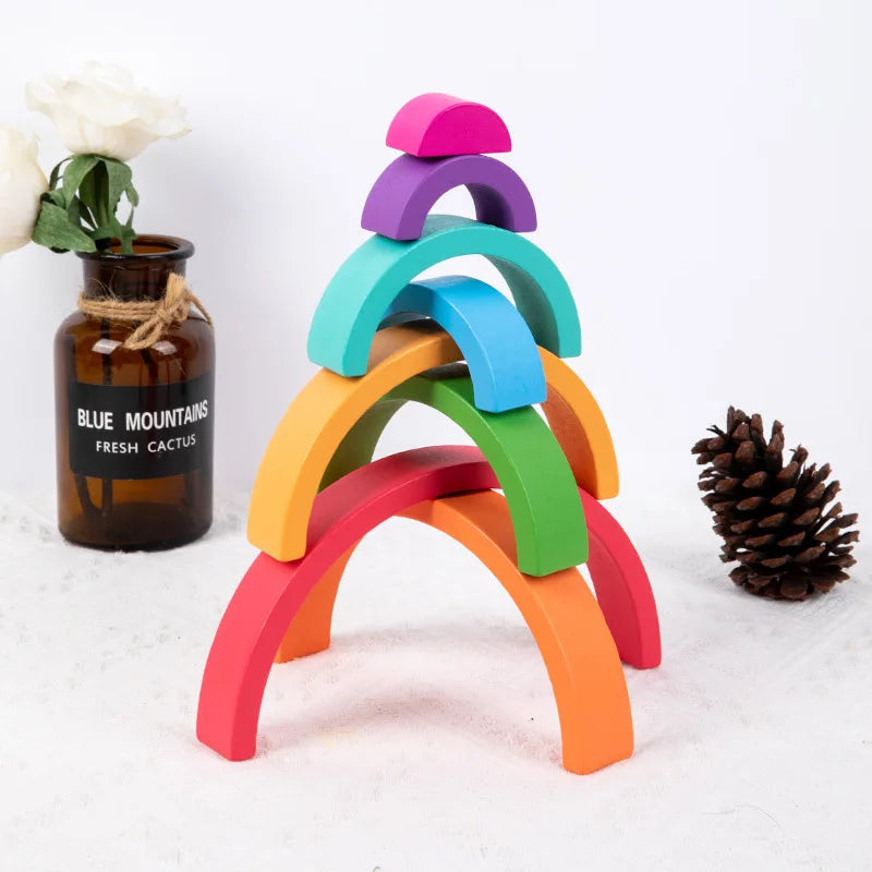 Montessori Wooden Rainbow Stacking Game,Eight Layers Square/Arch Colorful