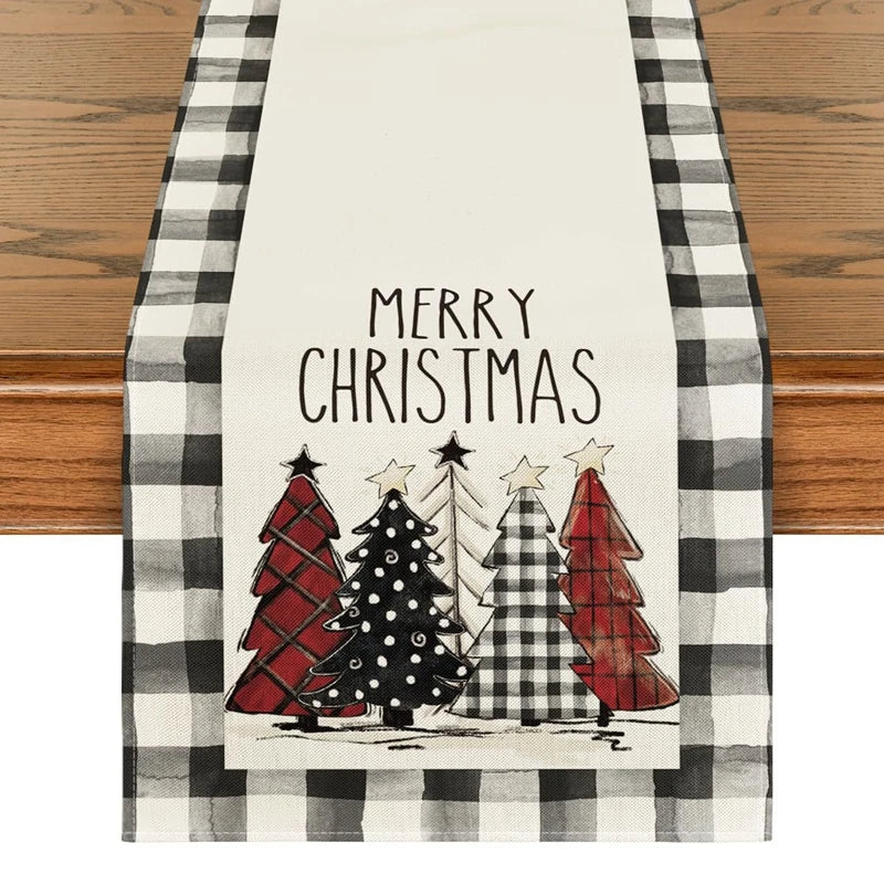 Linen Christmas Table Runner Snowman Xmas Tree Home